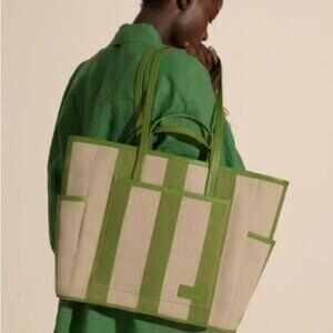 NEW & OTHER STORIES ANTHROPOLOGIE GREEN LARGE LEATHER TRIMMED CANVAS TOTE